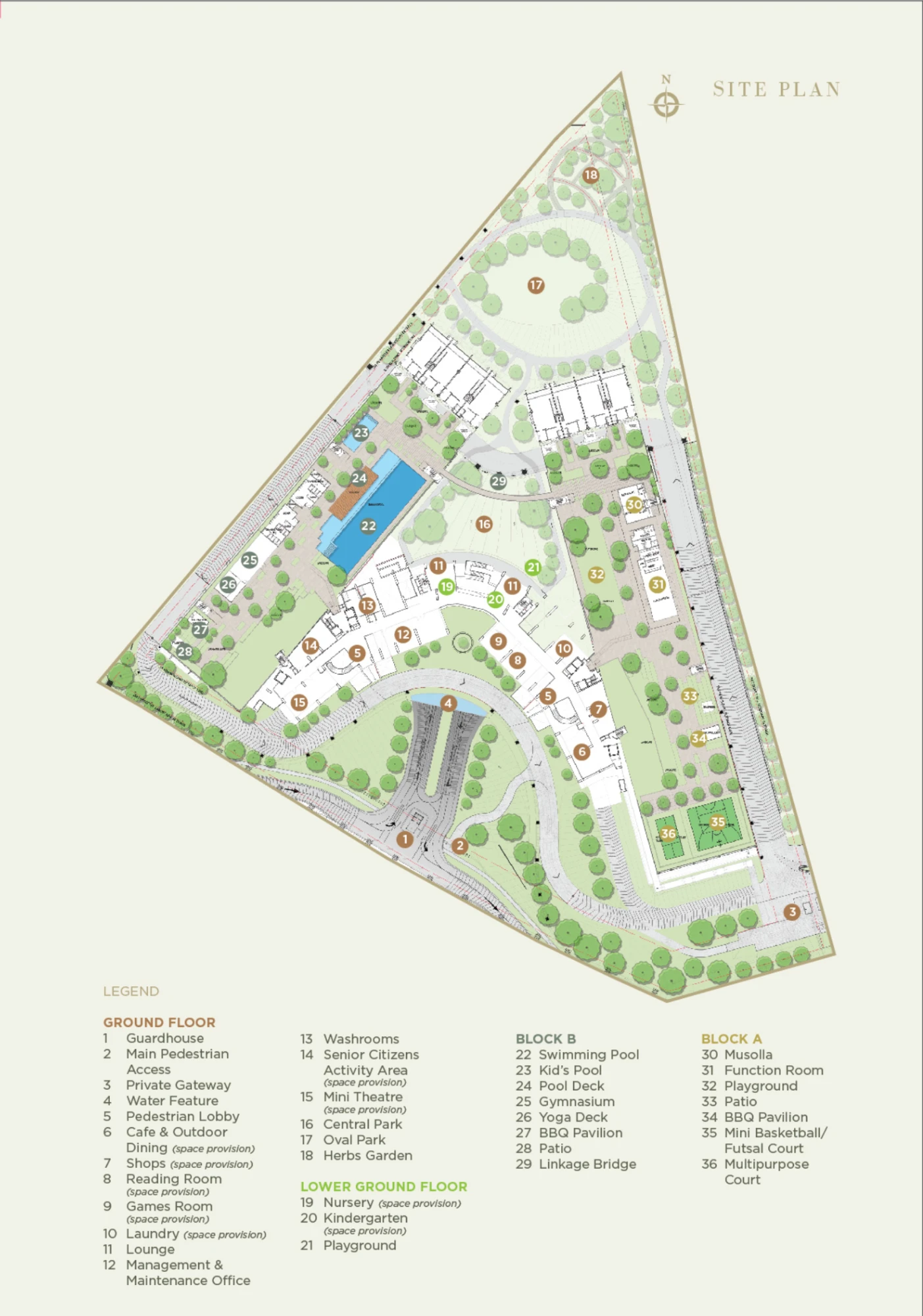 Linari site plan with the facility podiums, central park, oval park and private MRT gateway