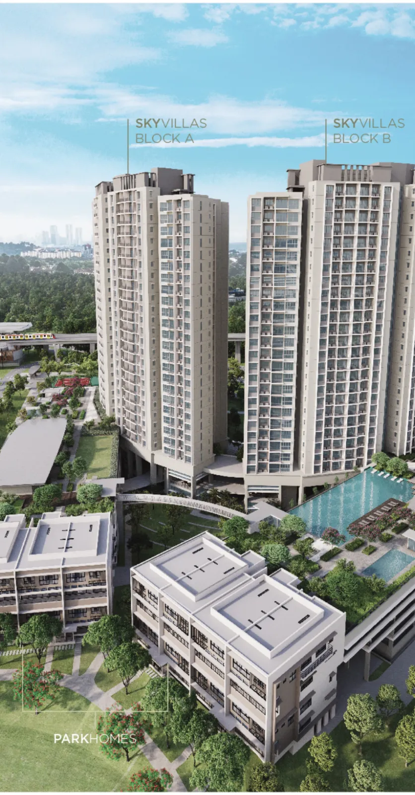 Linari Skyvilla Blocks A and B rising above the podium pool and Parkhomes, artist's impression
