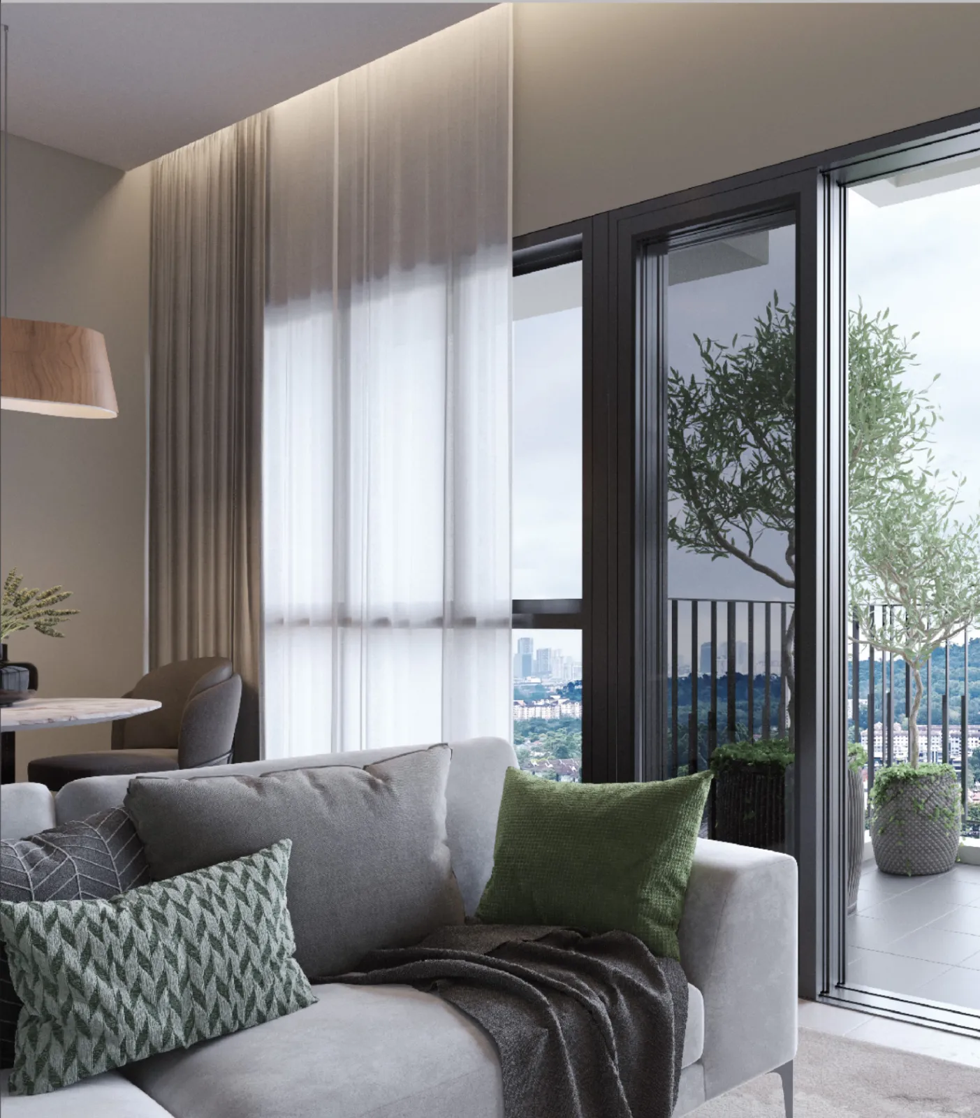 Linari Kwasa Damansara skyvilla living room opening onto a balcony, artist's impression