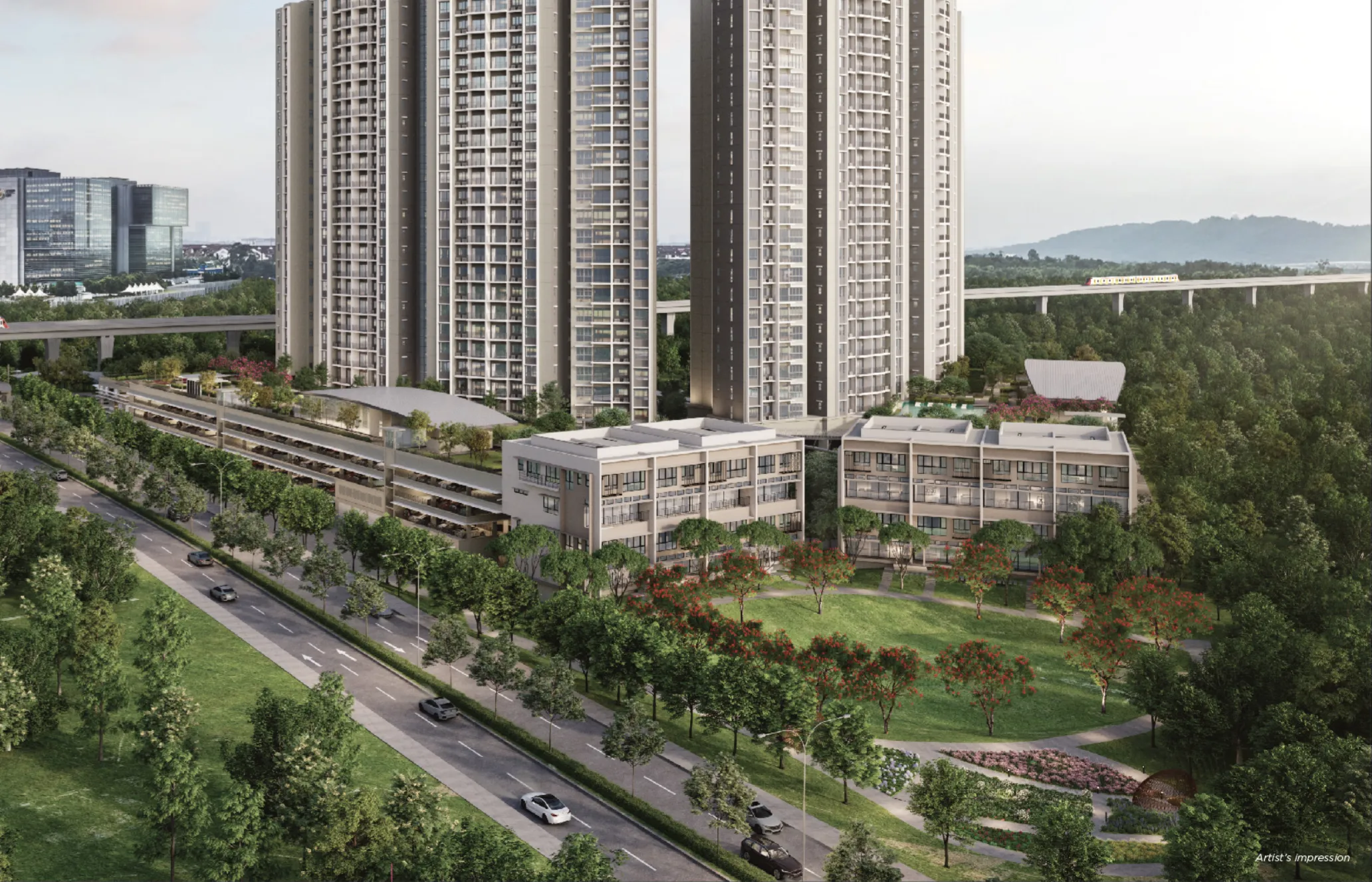 Linari's two Skyvilla towers and Parkhomes beside the MRT line in Kwasa Damansara, artist's impression
