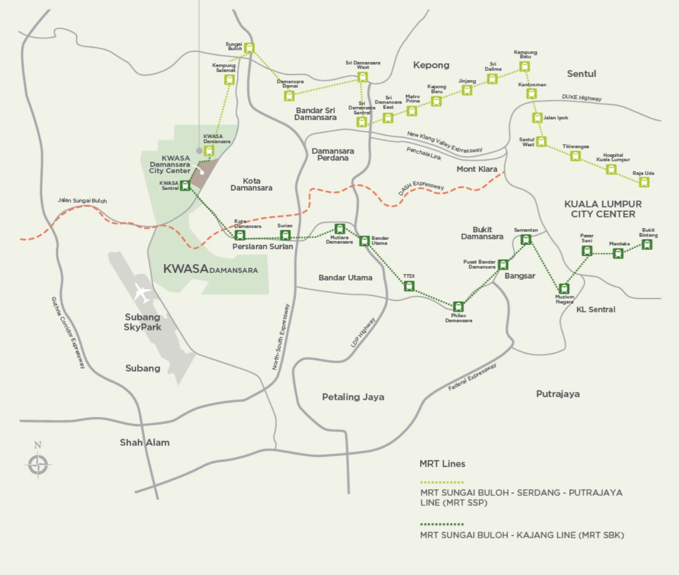 Location map of Linari in Kwasa Damansara with the MRT Kajang and Putrajaya lines, Subang Skypark, Petaling Jaya and Kuala Lumpur