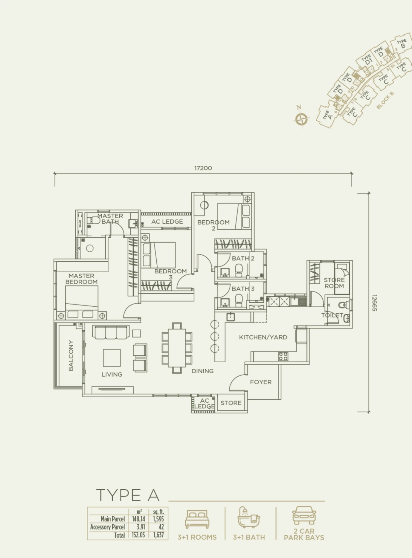 Linari Kwasa Damansara floor plan Skyvilla Type A, 1,637 sq ft, 3+1 bed, 3+1 bath