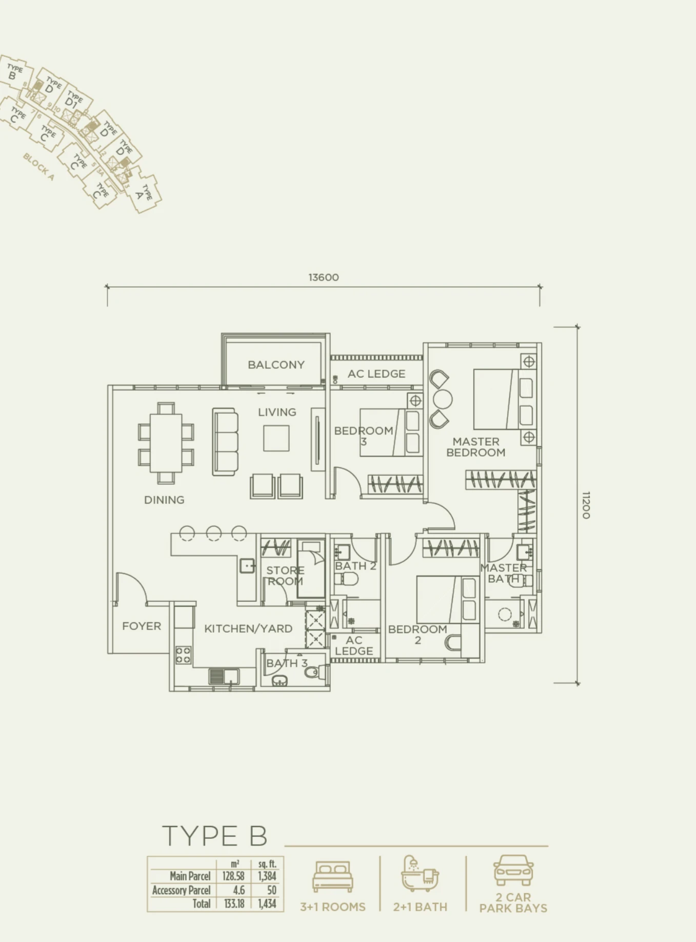 Linari Kwasa Damansara floor plan Skyvilla Type B, 1,434 sq ft, 3+1 bed, 2+1 bath
