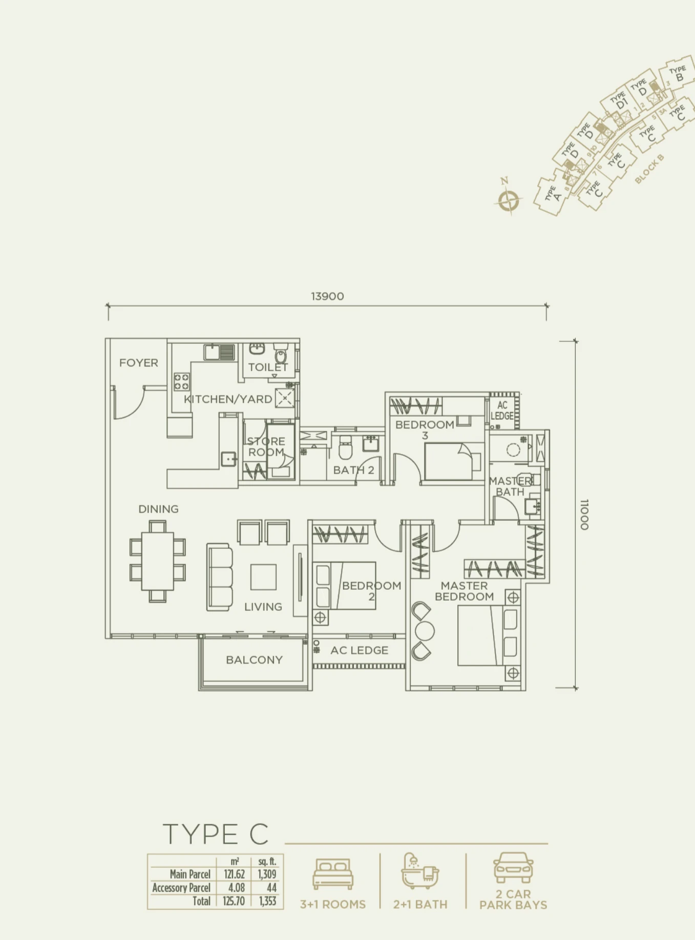 Linari Kwasa Damansara floor plan Skyvilla Type C, 1,353 sq ft, 3+1 bed, 2+1 bath