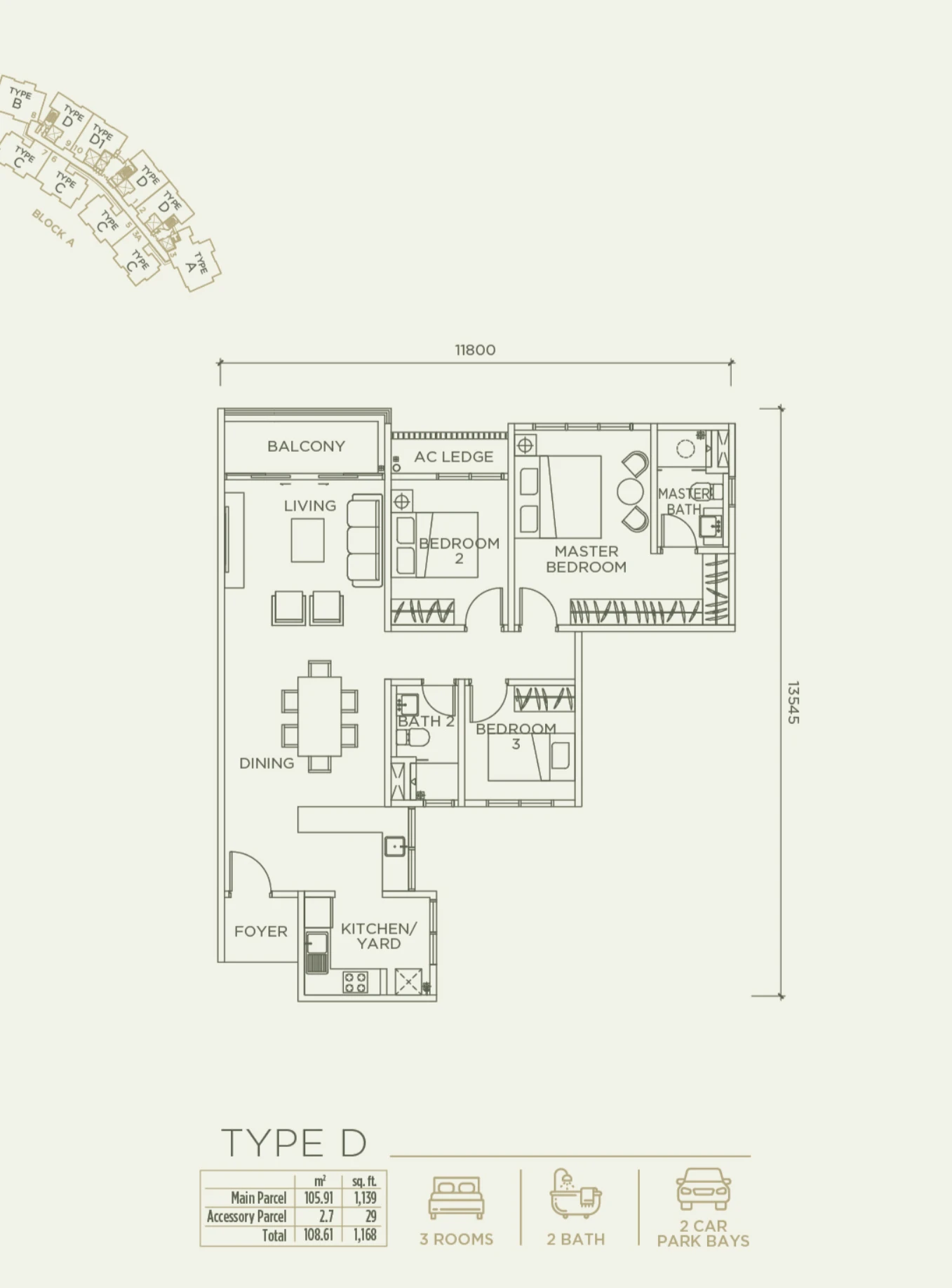 Linari Kwasa Damansara floor plan Skyvilla Type D, 1,168 sq ft, 3 bed, 2 bath