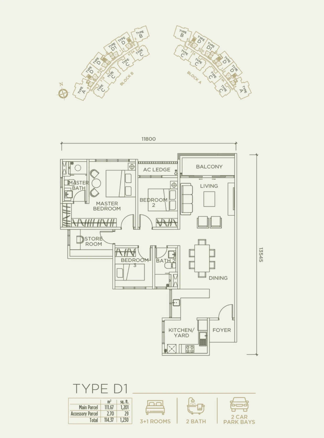 Linari Kwasa Damansara floor plan Skyvilla Type D1, 1,230 sq ft, 3+1 bed, 2 bath